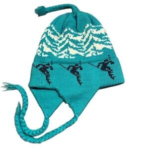 Vintage ski skier hat turquoise blue white Vermont Originals 80s 90s wool